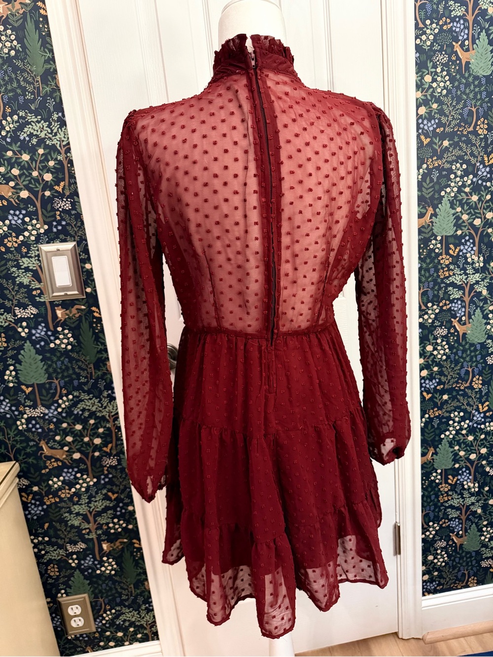 Altar'd State Wine Red Swiss Dot Long Sleeve Tiered Dress - Picture 4 of 7